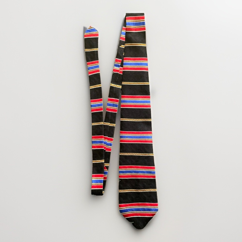 Oscar de la Renta Vintage Silk Tie Striped Black Blue Red Gold Classic Neckwear